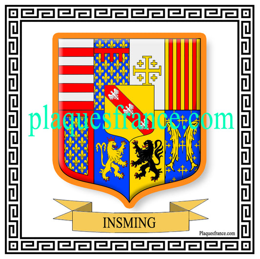 Plaque métal décorative fond blanc carrée 30x30 cm blason de Insming, canton du Saulnois Moselle 57