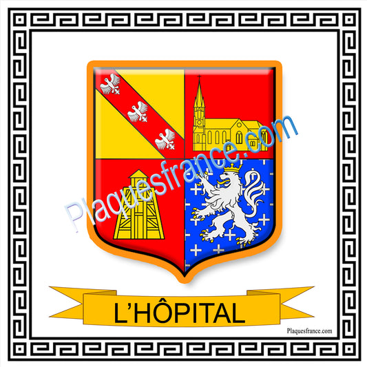 Plaque métal décorative fond blanc carrée 30 x 30 cm blason L'Hôpital, canton de Saint-Avold, Moselle 57