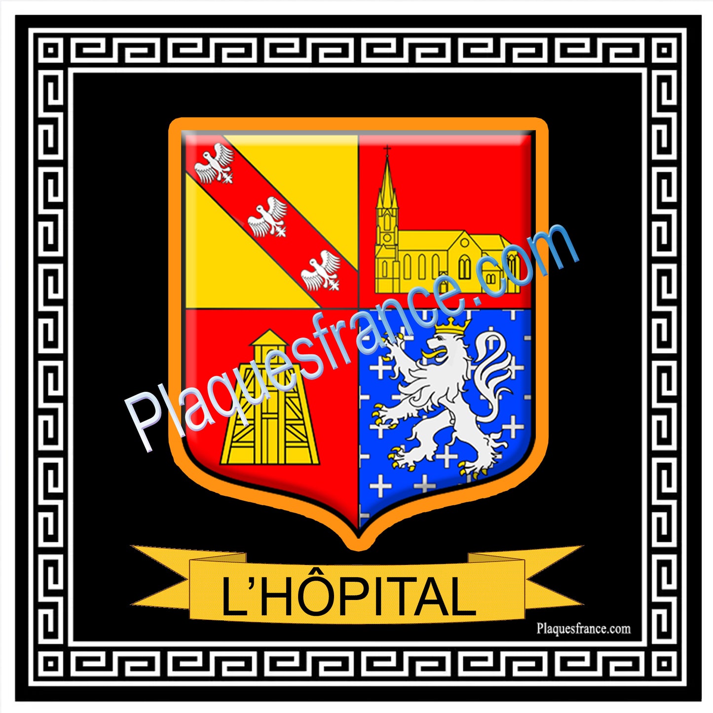 Plaque métal décorative fond noir carrée 30 x 30 cm blason L'Hôpital, canton de Saint-Avold, Moselle 57