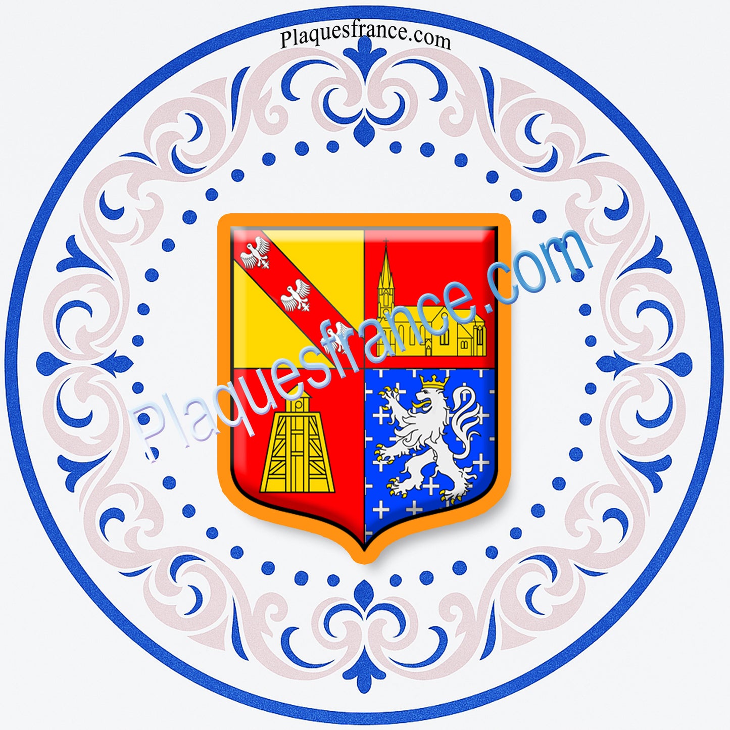 Plaque métal décorative façon assiette aile lys ronde Ø 30 cm blason L'Hôpital, canton de Saint-Avold, Moselle 57