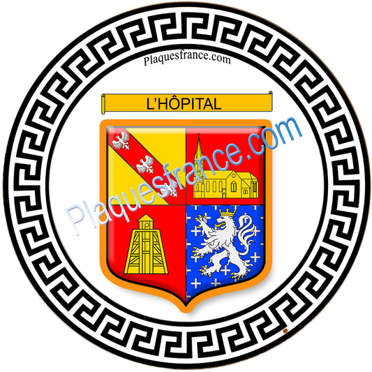 Plaque métal décorative fond blanc ronde Ø 30 cm blason L'Hôpital, canton de Saint-Avold, Moselle 57