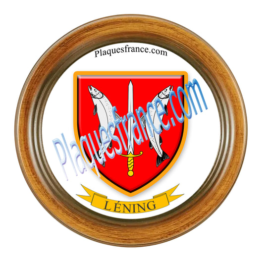 Plaque métal décorative format rond Ø 30 cm cadre bois Léning, canton du Saulnois, Moselle 57