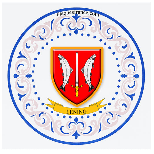 Plaque métal décorative aile lys ronde Ø 30 cm blason Léning, canton du Saulnois Moselle 57