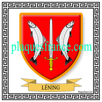 Plaque métal décorative fond blanc carrée 30x30 cm blason de Léning, canton du Saulnois Moselle 57