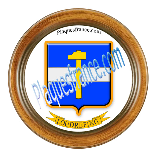 Plaque métal décorative format rond Ø 30 cm cadre bois Loudrefing, canton du Saulnois, Moselle 57