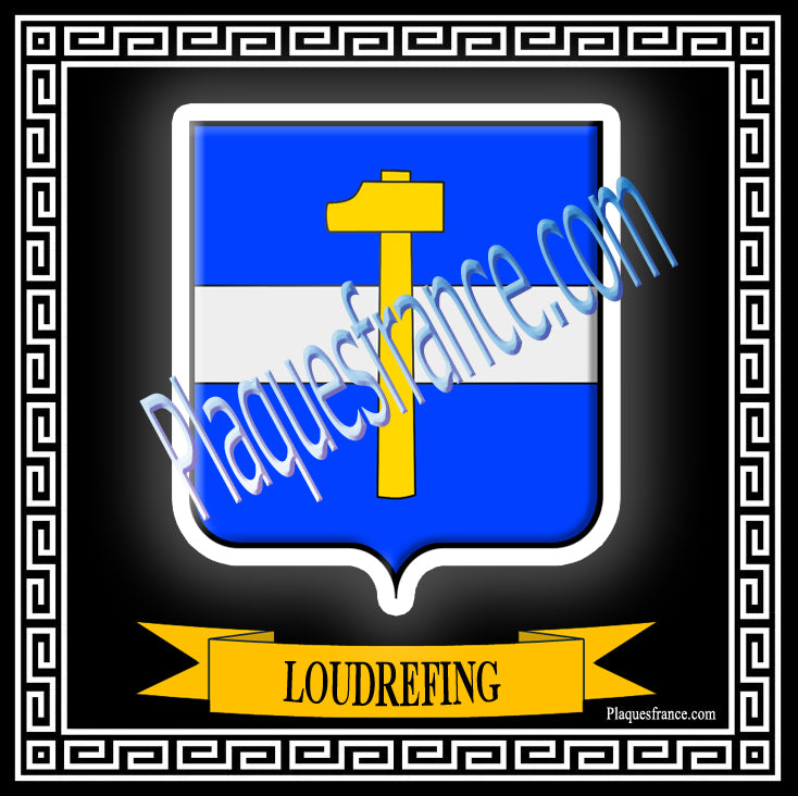 Plaque métal décorative fond blanc carrée 30x30 cm blason de Loudrefing, canton du Saulnois Moselle 57