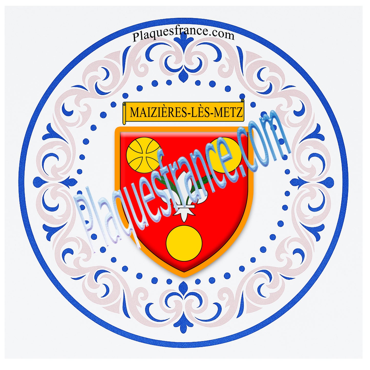 Plaque métal décorative aile lys ronde Ø 30 cm blason Maizières-lès-Metz, canton Le Sillon Mosellan, Moselle 57