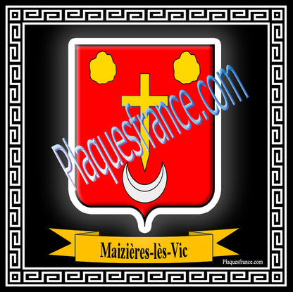 Plaque métal décorative fond noir carrée 30x30 cm blason de Maizières-lès-Vic, canton du Saulnois Moselle 57