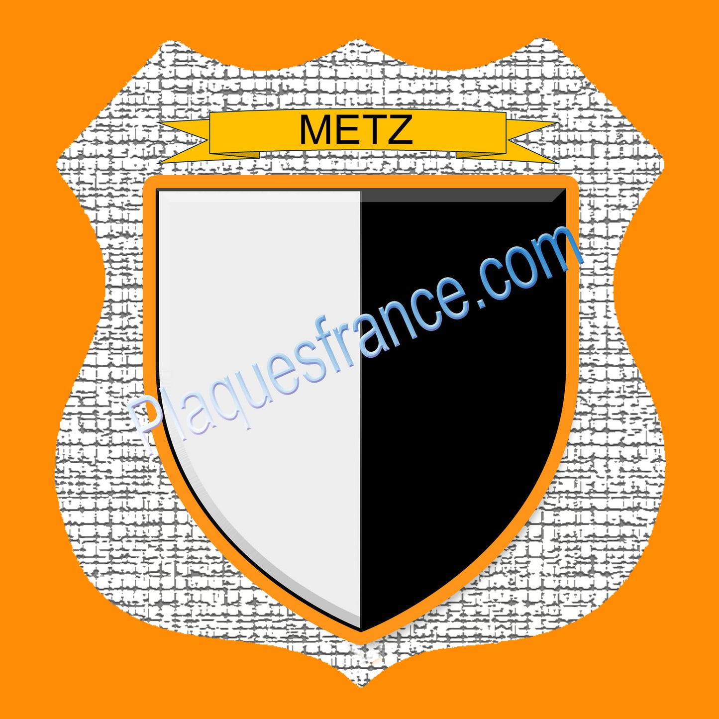 Plaque métal décorative format écusson Ø 30cm fond craquelures Metz, Moselle 57