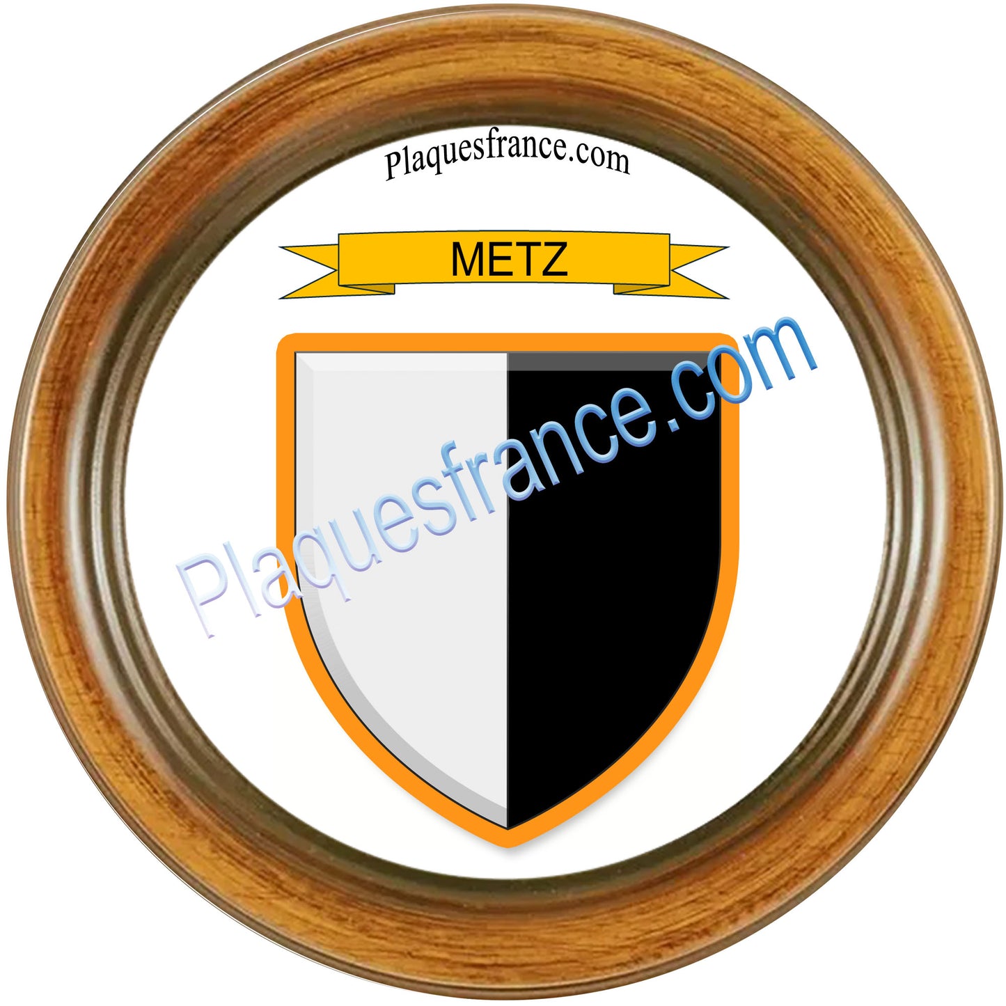 Plaque métal décorative cadre bois rond Ø 30cm  blason Metz, Moselle 57