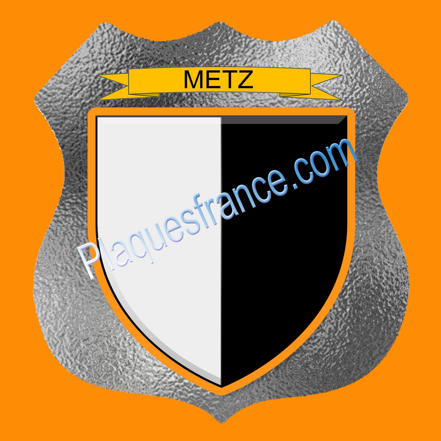 Plaque métal décorative format écusson Ø 30cm fond verre dépoli Metz, Moselle 57