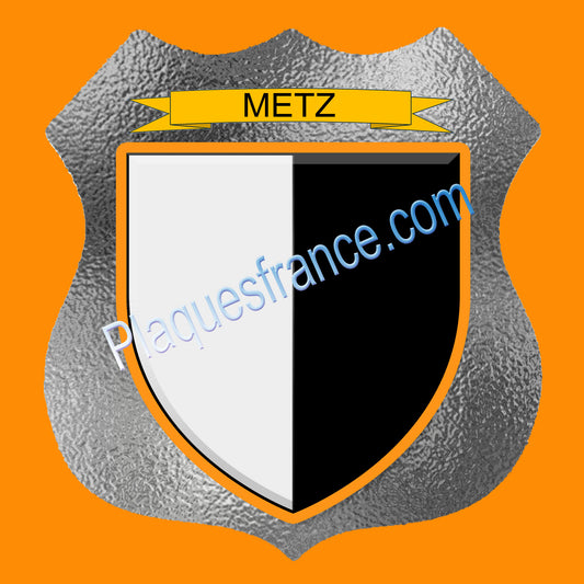 Plaque métal décorative format écusson Ø 30cm fond verre dépoli Metz, Moselle 57