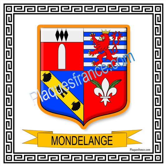 Plaque métal décorative fond blanc carrée30 x 30 cm blason Mondelange, canton de Fameck, Moselle 57