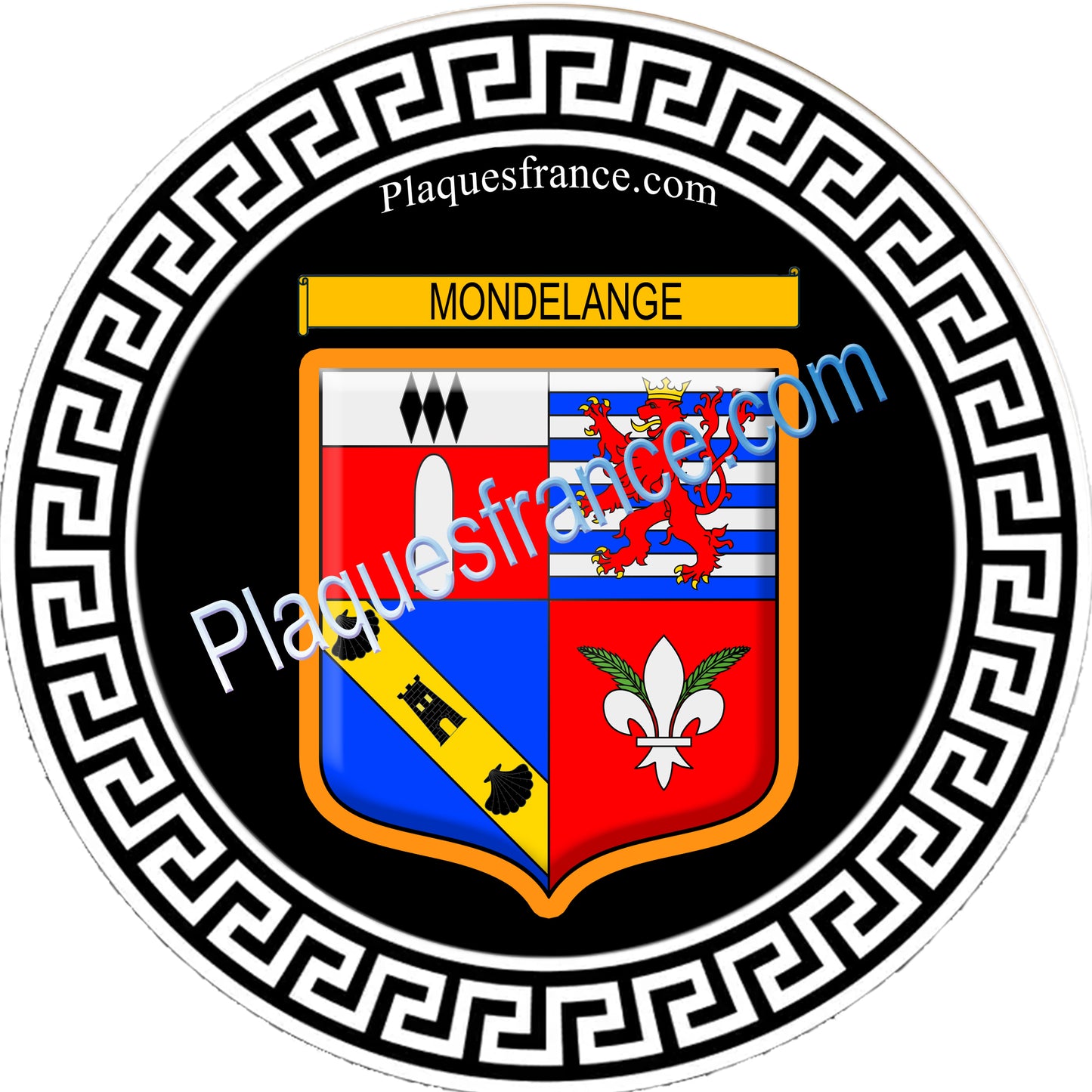 Plaque métal décorative fond noir ronde Ø 30 cm blason Mondelange, canton de Fameck, Moselle 57