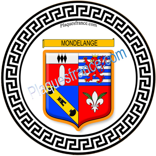 Plaque métal décorative fond blanc ronde Ø 30 cm blason Mondelange, canton de Fameck, Moselle 57
