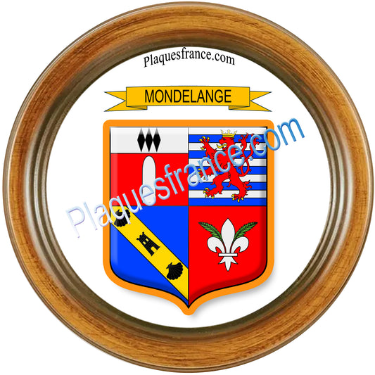 Plaque métal décorative cadre bois ronde Ø 30 cm blason Mondelange, canton de Fameck, Moselle 57