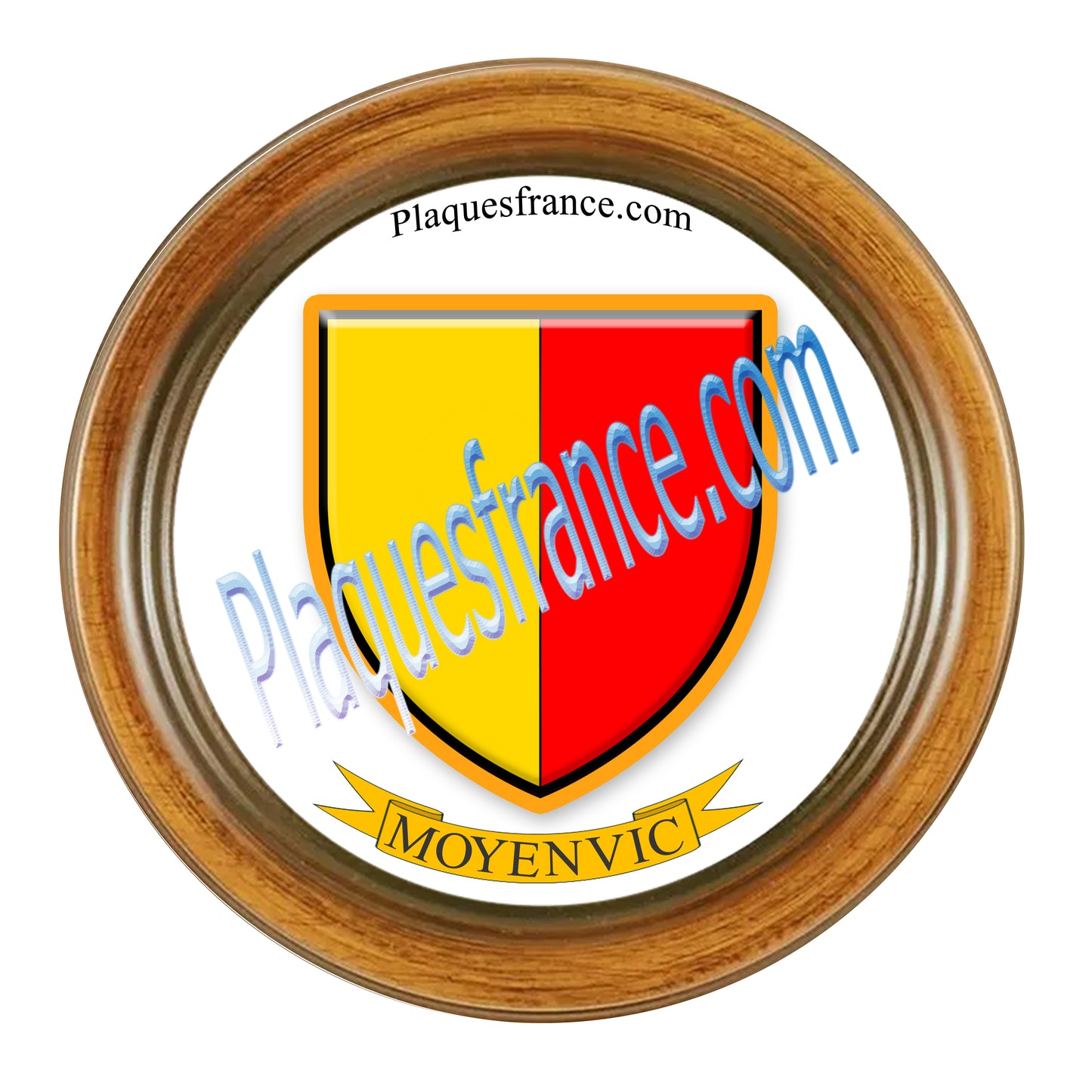 Plaque métal décorative format rond Ø 30 cm cadre bois Moyenvic, canton du Saulnois, Moselle 57