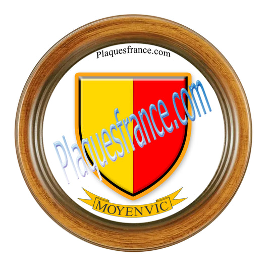 Plaque métal décorative format rond Ø 30 cm cadre bois Moyenvic, canton du Saulnois, Moselle 57