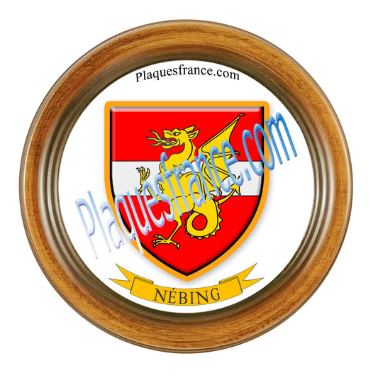 Plaque métal décorative format rond Ø 30 cm cadre bois Nébing, canton du Saulnois, Moselle 57
