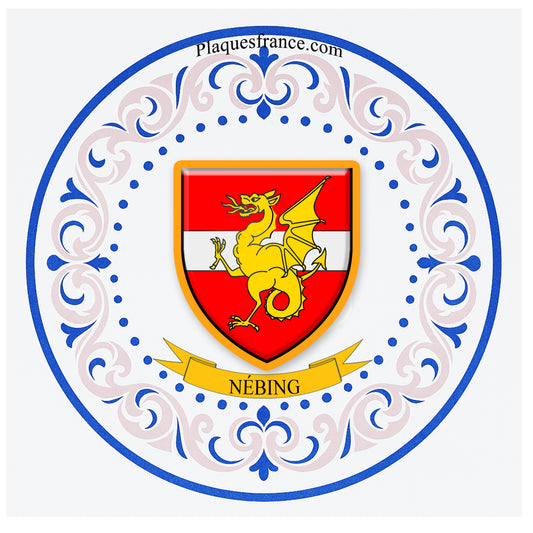 Plaque métal décorative aile lys ronde Ø 30 cm blason Nébing, canton du Saulnois Moselle 57