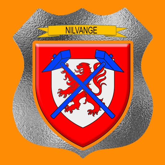 Plaque métal décorative écusson fond verre dépoli  Ø 30cm  blason Nilvange, canton Algrange 57