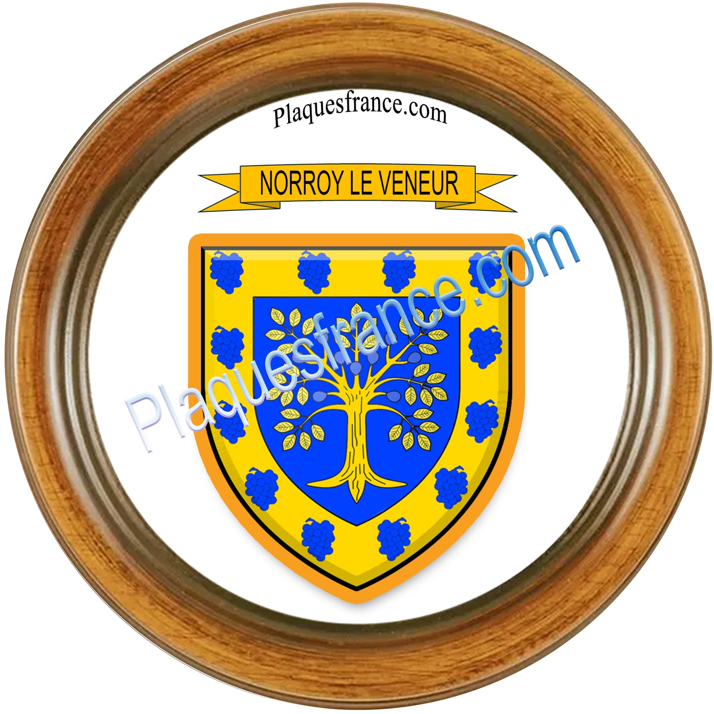 Plaque métal décorative  cadre bois  Ø 30cm  blason Norroy le Veneur, canton Rombas 57
