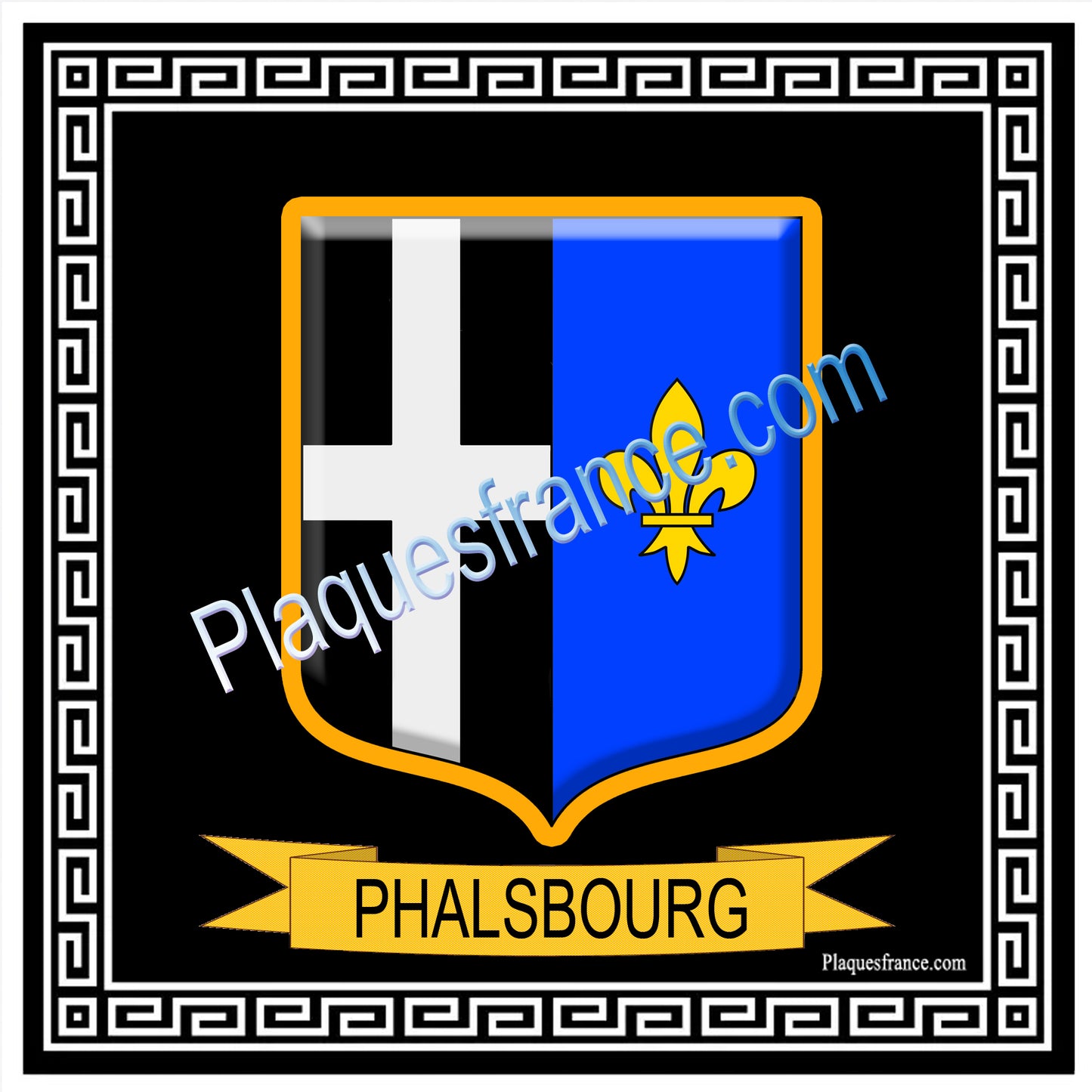 Plaque métal décorative fond noir carré 30 x 30 cm blason Phalsbourg, canton Phalsbourg 57