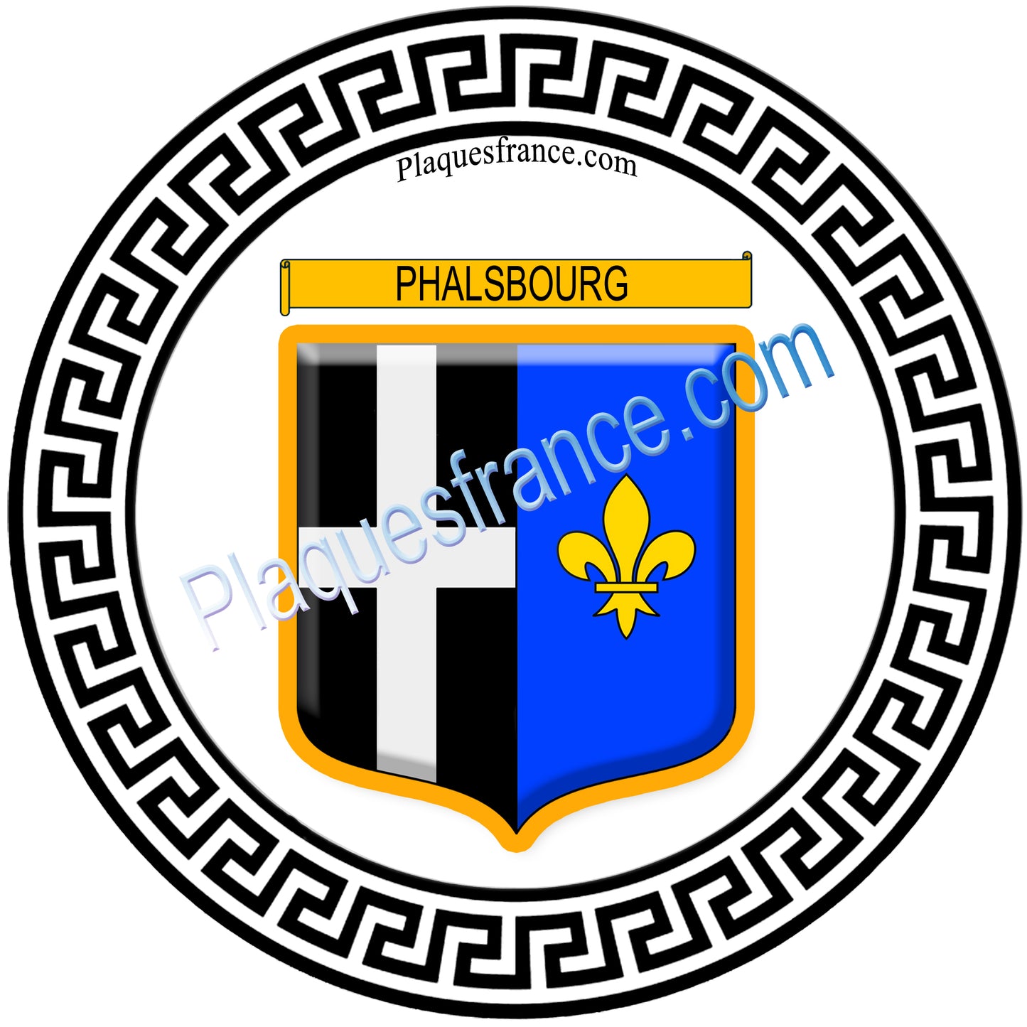 Plaque métal décorative fond blanc ronde Ø 30 cm blason Phalsbourg, canton Phalsbourg 57