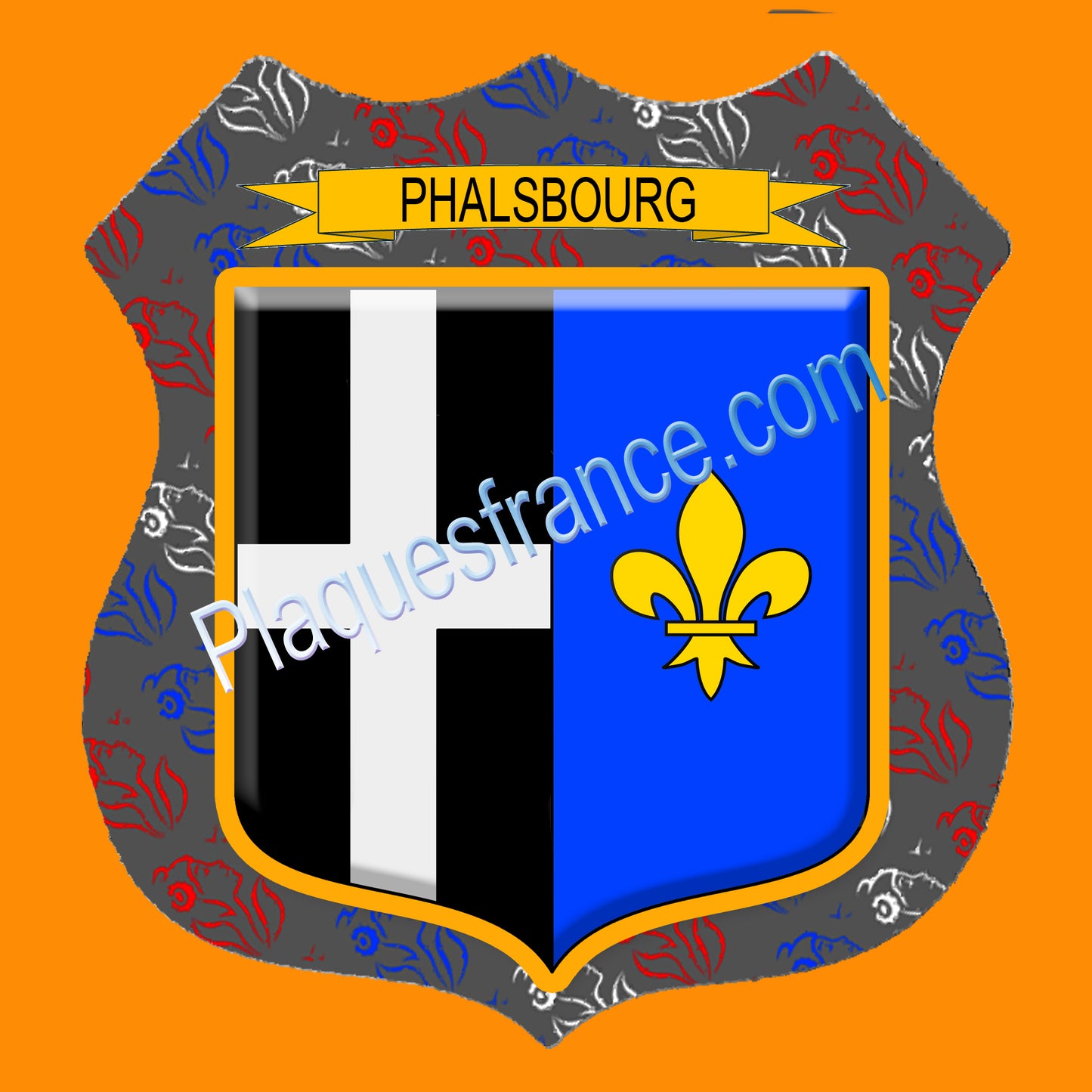 Plaque métal décorative écusson fond marianne  Ø 30cm  blason Phalsbourg, canton Phalsbourg 57