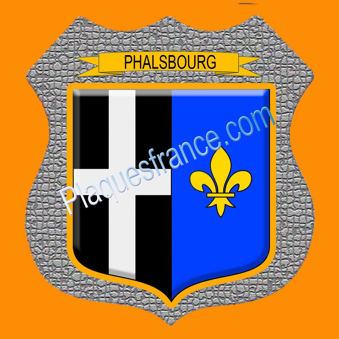 Plaque métal décorative écusson fond mozaique  Ø 30cm  blason Phalsbourg, canton Phalsbourg 57