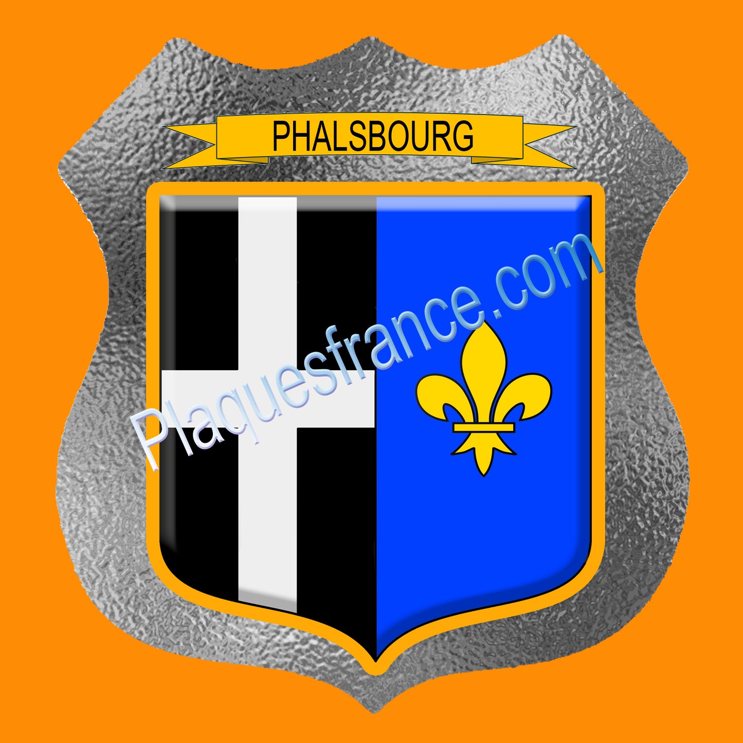 Plaque métal décorative écusson fond verre dépoli  Ø 30cm  blason Phalsbourg, canton Phalsbourg 57