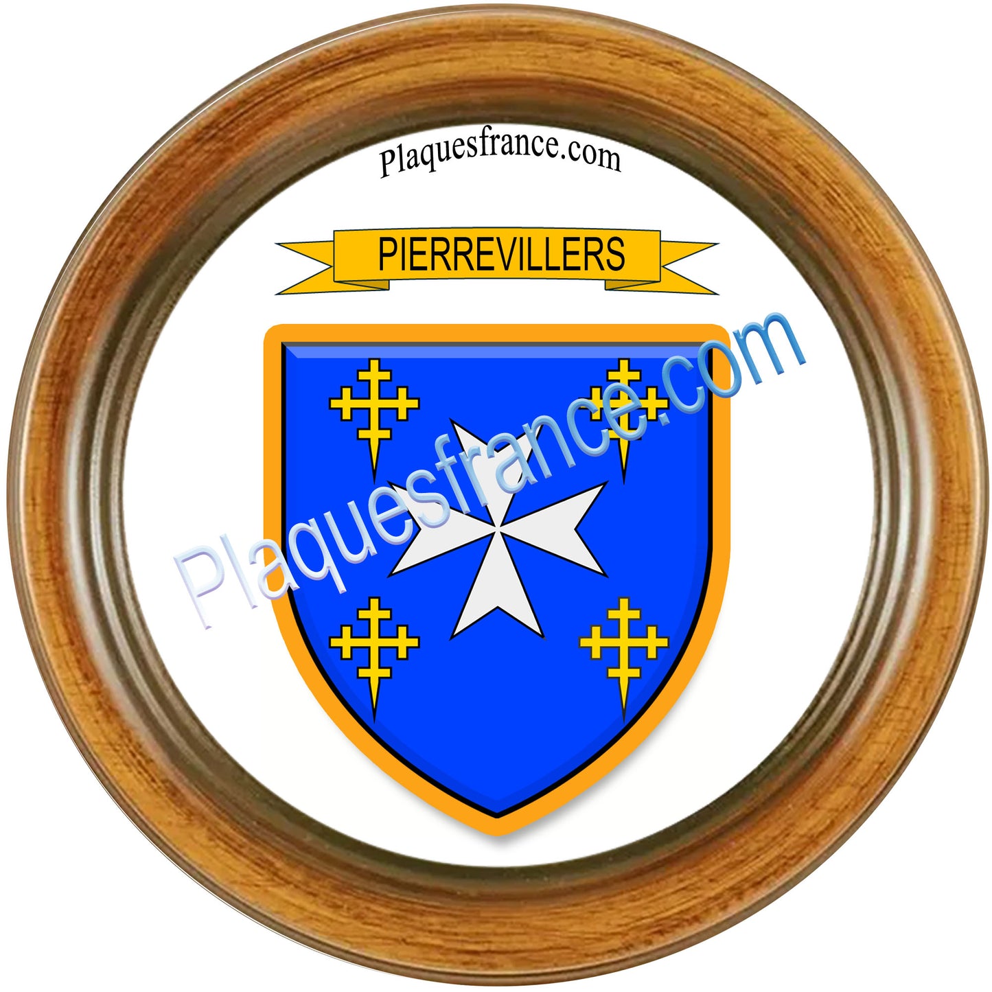 Plaque métal décorative  cadre bois  Ø 30cm  blason Pierrevillers, canton Rombas 57