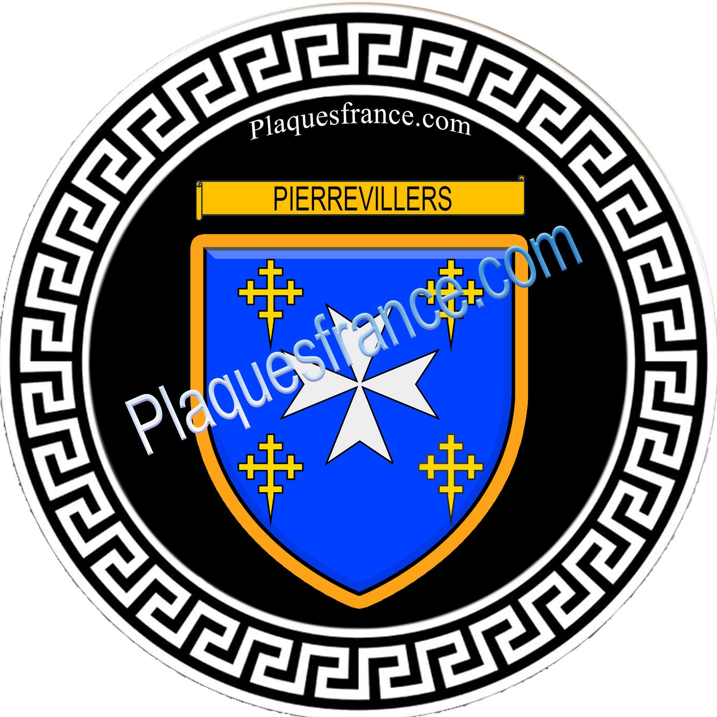 Plaque métal décorative  fond noir ronde Ø 30cm  blason Pierrevillers, canton Rombas 57