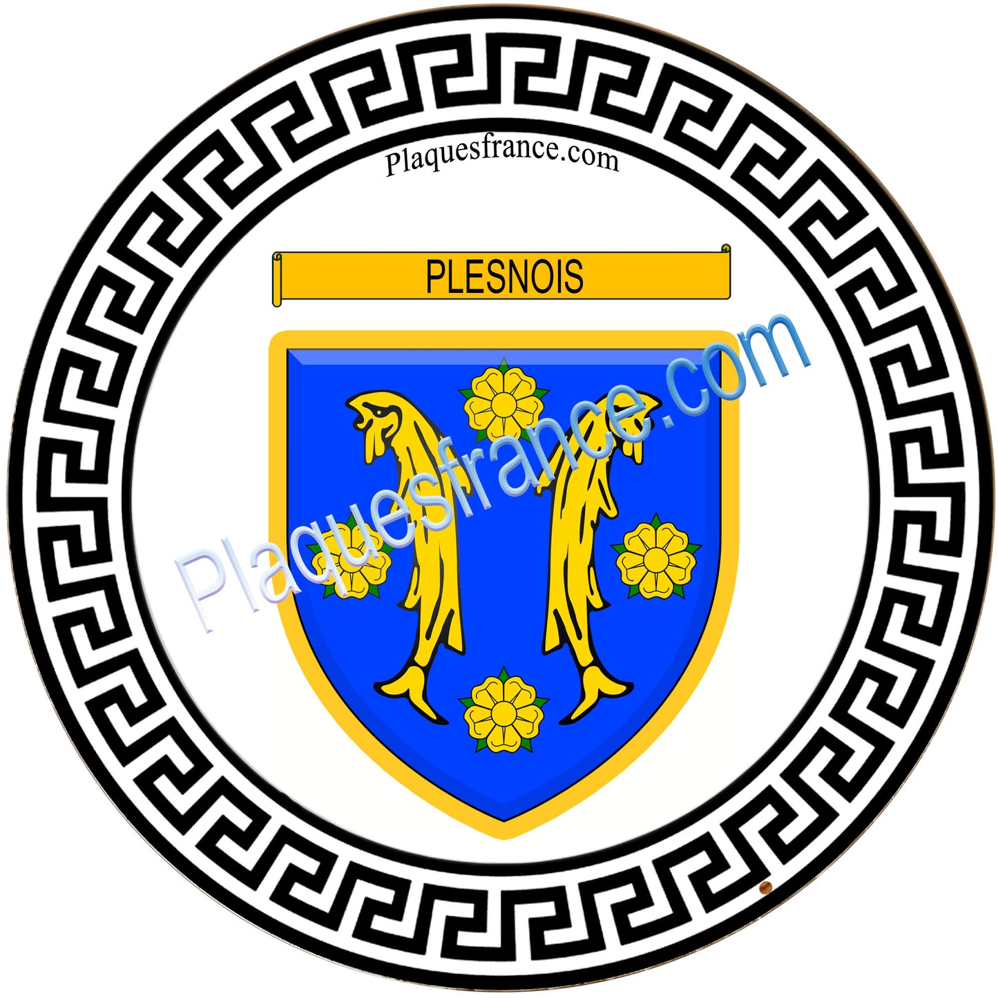 Plaque métal décorative  fond blanc  Ø 30cm  blason Plesnois, canton Les Coteaux de Moselle 57