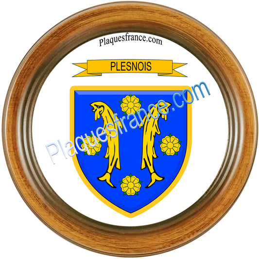 Plaque métal décorative  cadre bois  Ø 30cm  blason Plesnois, canton Les Coteaux de Moselle 57