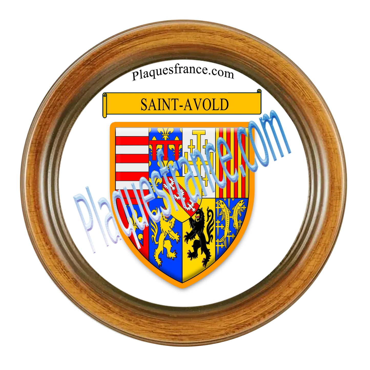 Plaque métal décorative cadre bois ronde Ø 30 cm blason Saint-Avold, canton Saint-Avold, Moselle 57