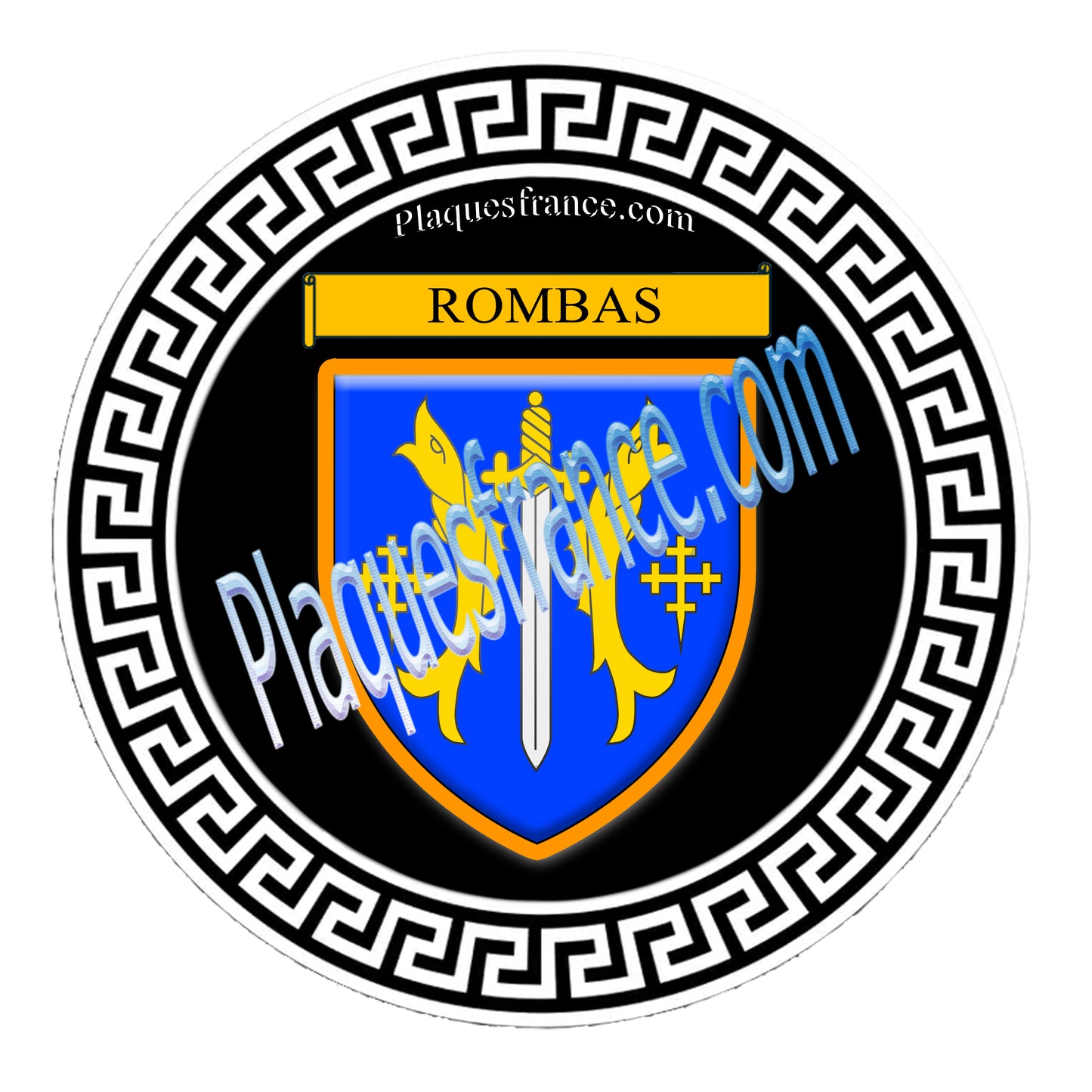 Plaque métal décorative fond noir ronde Ø 30 cm blason Rombas, canton de Rombas, Moselle 57
