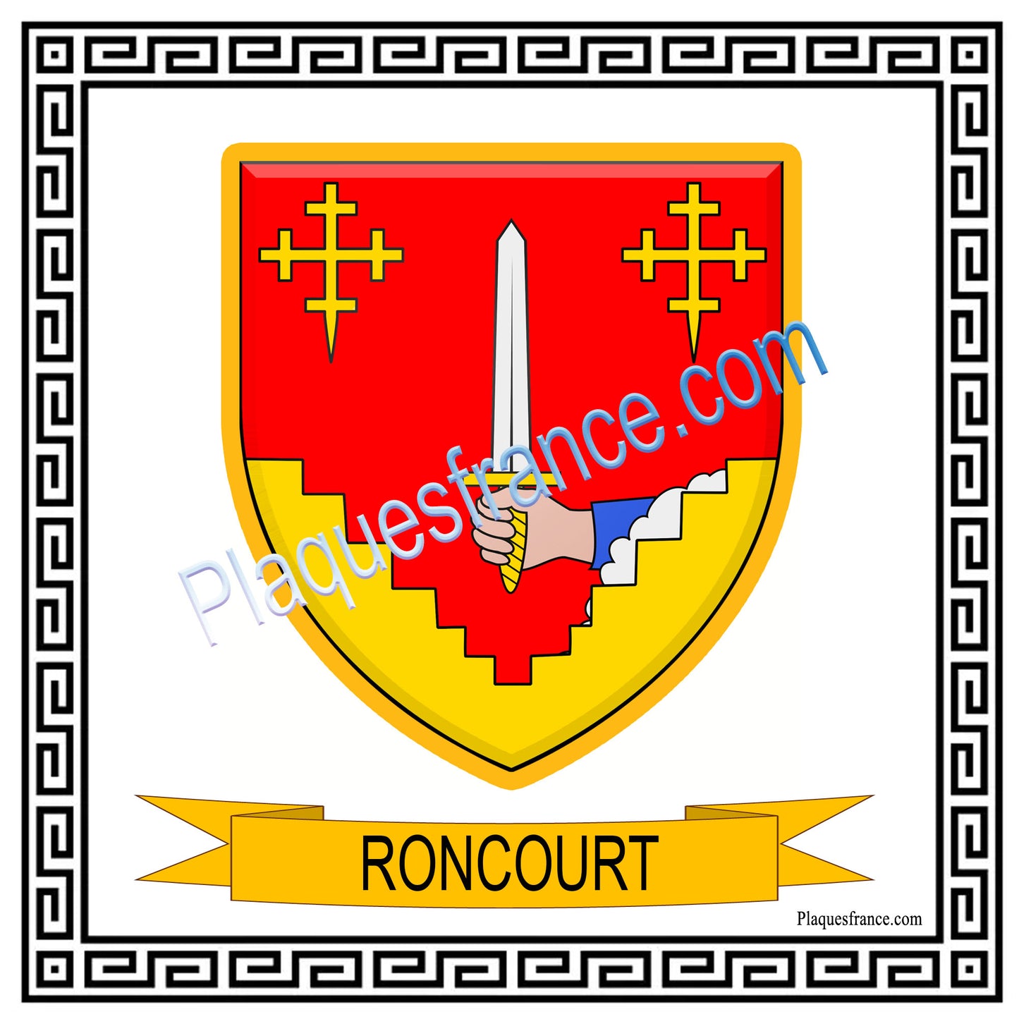 Plaque métal décorative fond blanc carré 30 x 30cm  blason Roncourt, Moselle 57