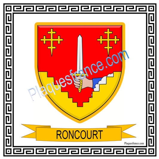 Plaque métal décorative fond blanc carré 30 x 30cm  blason Roncourt, Moselle 57