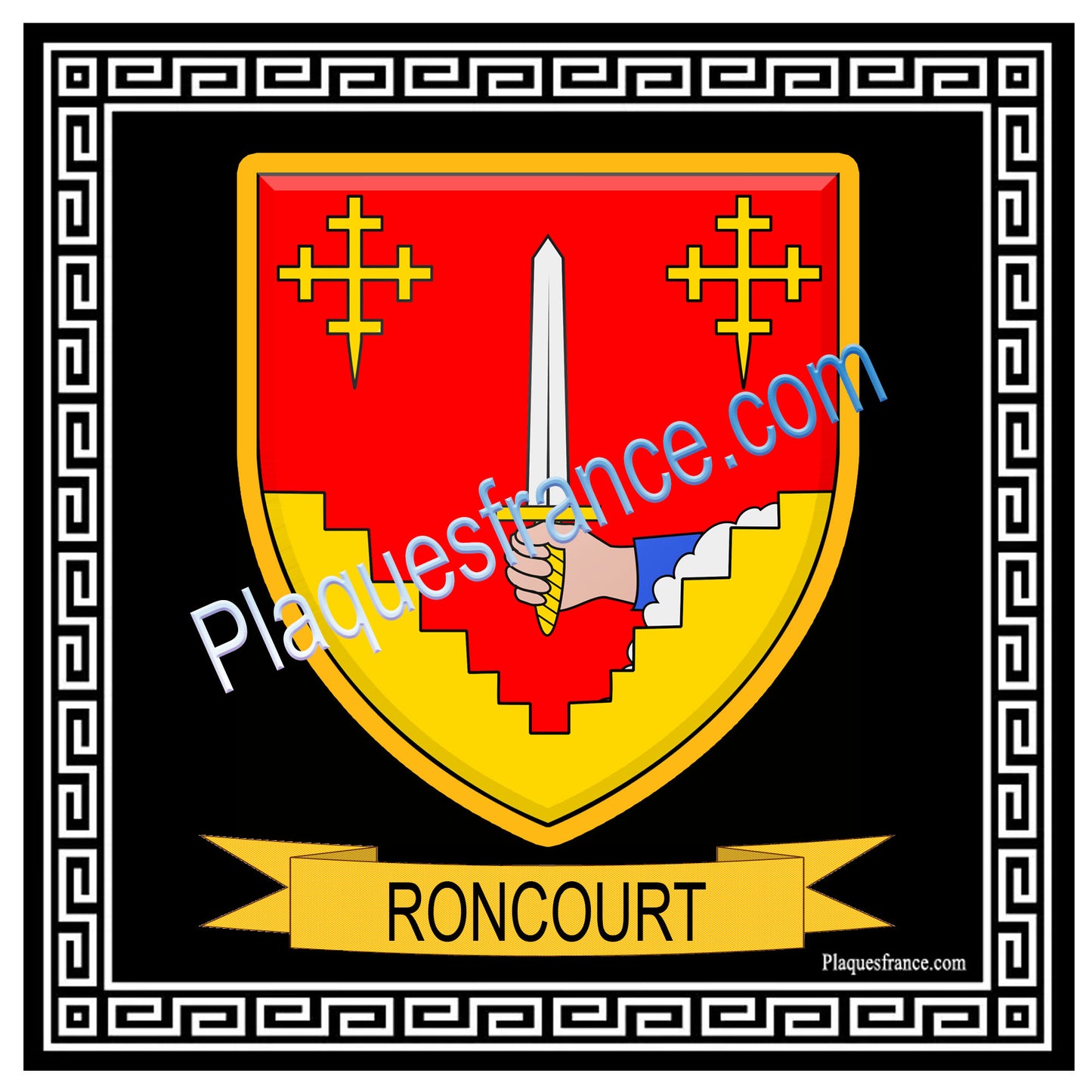 Plaque métal décorative fond noir carré 30 x 30cm  blason Roncourt, Moselle 57