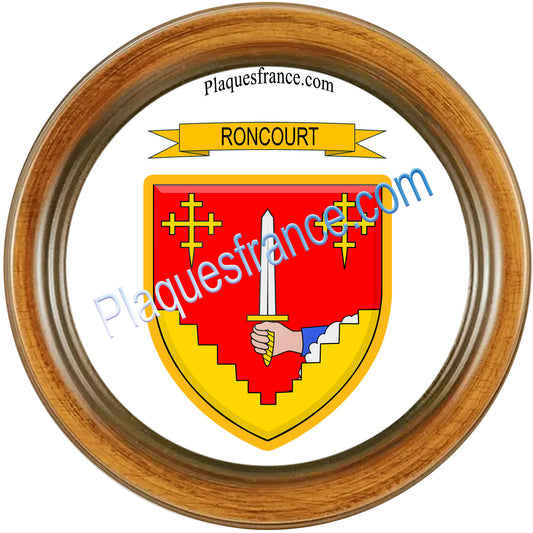 Plaque métal décorative cadre bois rond Ø 30cm  blason Roncourt, Moselle 57