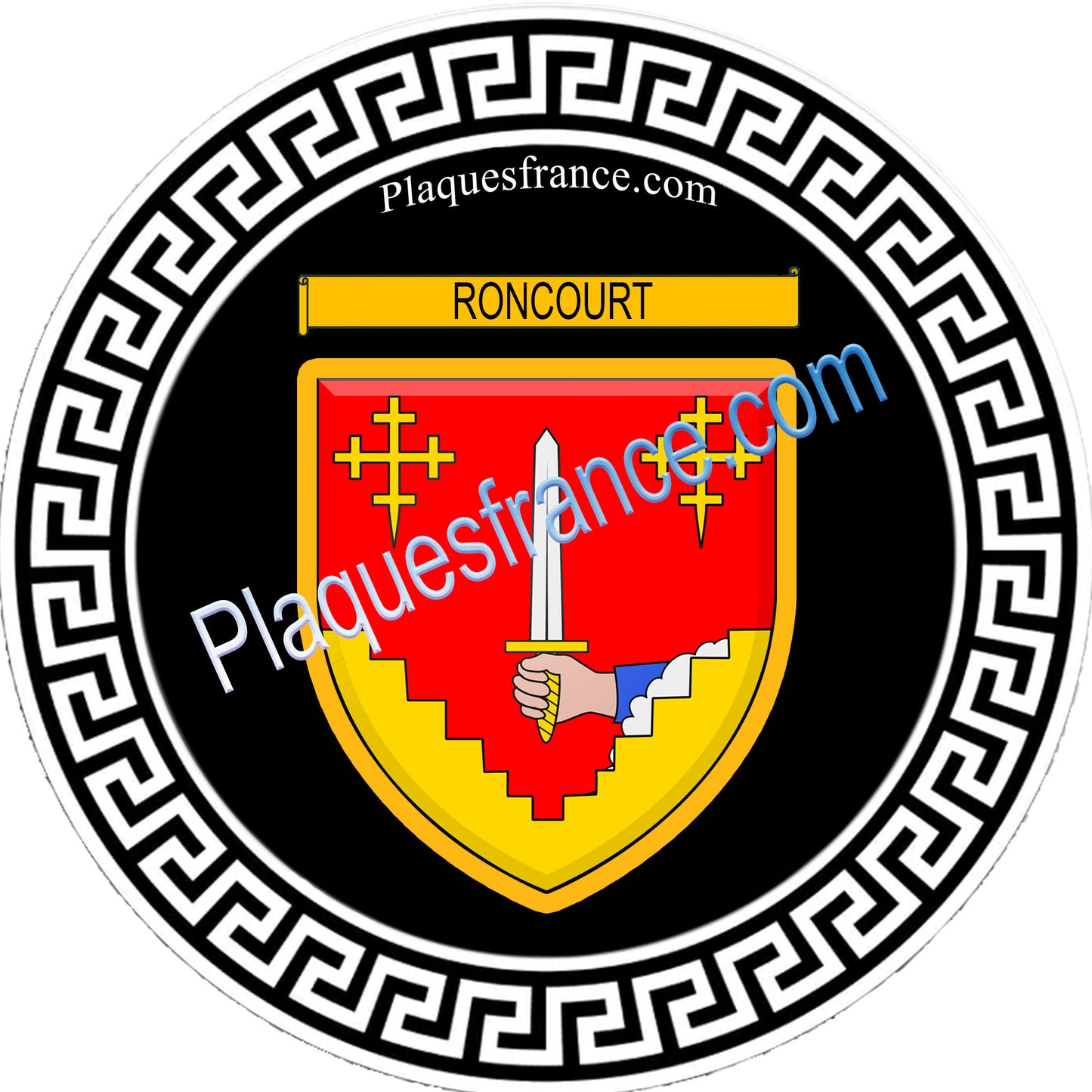 Plaque métal décorative fond noir ronde Ø 30cm  blason Roncourt, Moselle 57