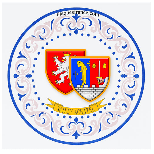 Plaque métal décorative aile lys ronde Ø 30 cm blason Sailly-Achâtel, canton du Saulnois Moselle 57