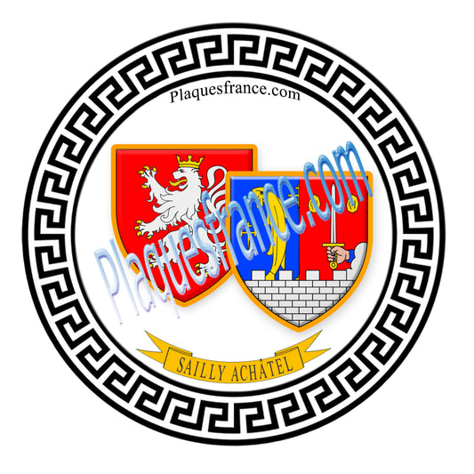 Plaque métal décorative fond blanc ronde Ø 30 cm Sailly Achâtel , canton du Saulnois Moselle 57