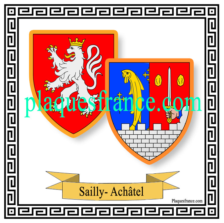 Plaque métal décorative fond blanc carrée 30x30 cm blason de Sailly-Achâtel, canton du Saulnois Moselle 57