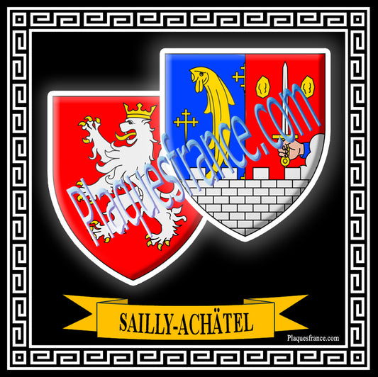 Plaque métal décorative fond noir carrée 30x30 cm blason de Sailly-Achâtel, canton du Saulnois Moselle 57