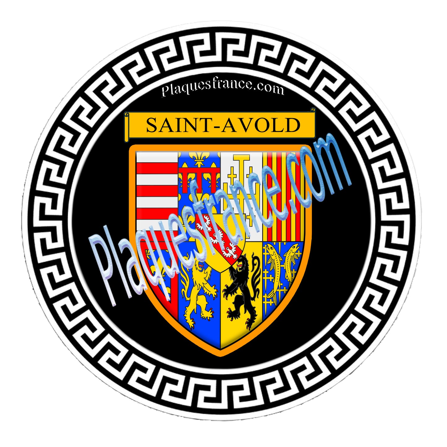 Plaque métal décorative fond noir ronde Ø 30 cm blason Saint-Avold, canton Saint-Avold, Moselle 57