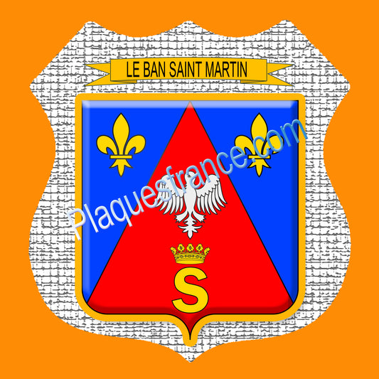 Plaque métal décorative format écusson Ø 30cm fond craquelures blason Le Ban Saint Martin 57