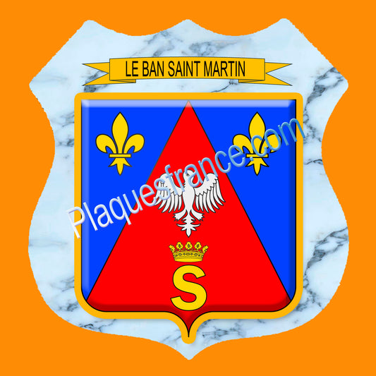 Plaque métal décorative format écusson Ø 30cm fond marbre blason Le Ban Saint Martin 57