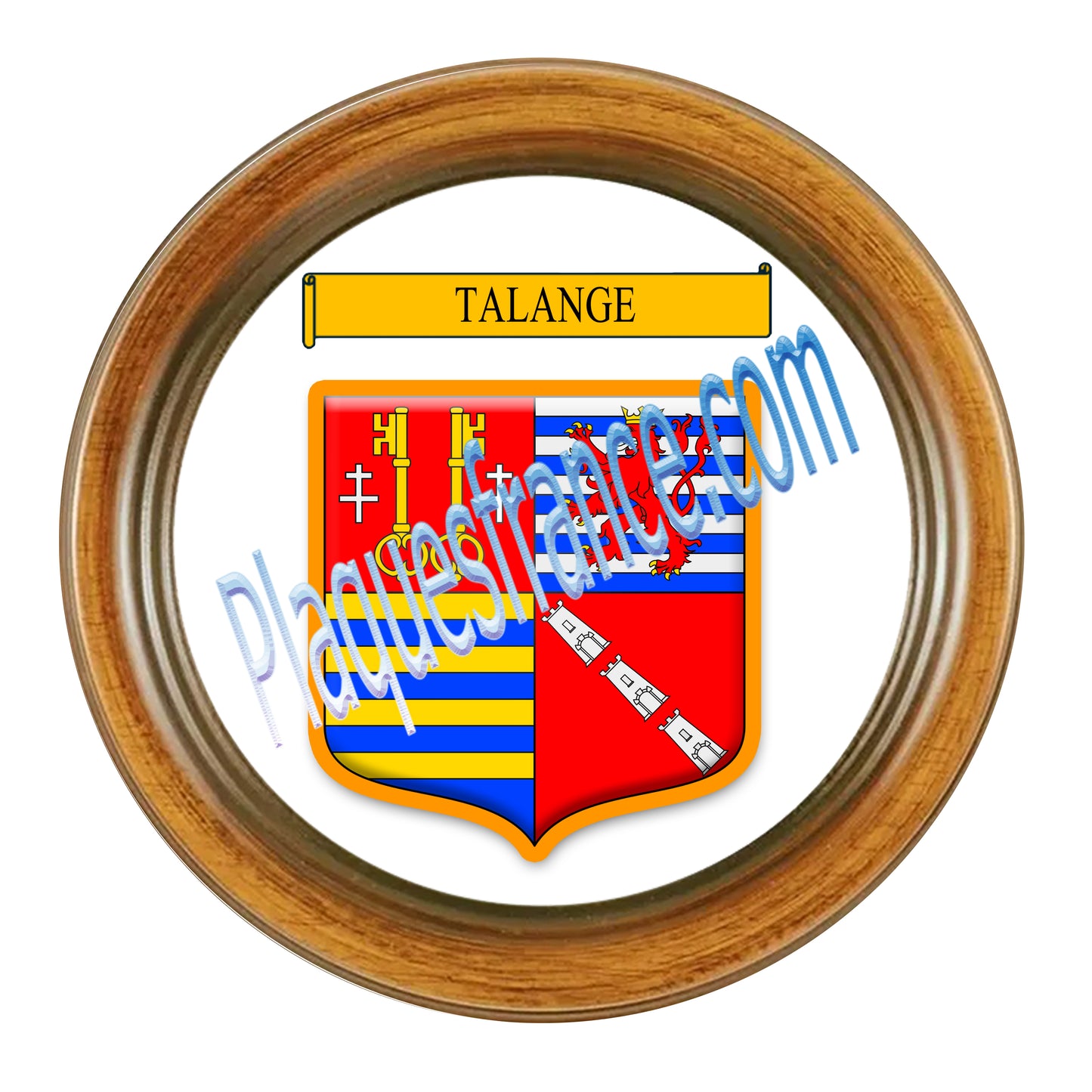 Plaque métal décorative cadre bois ronde Ø 30 cm blason Talange, canton Le Sillon Mosellan, Moselle 57